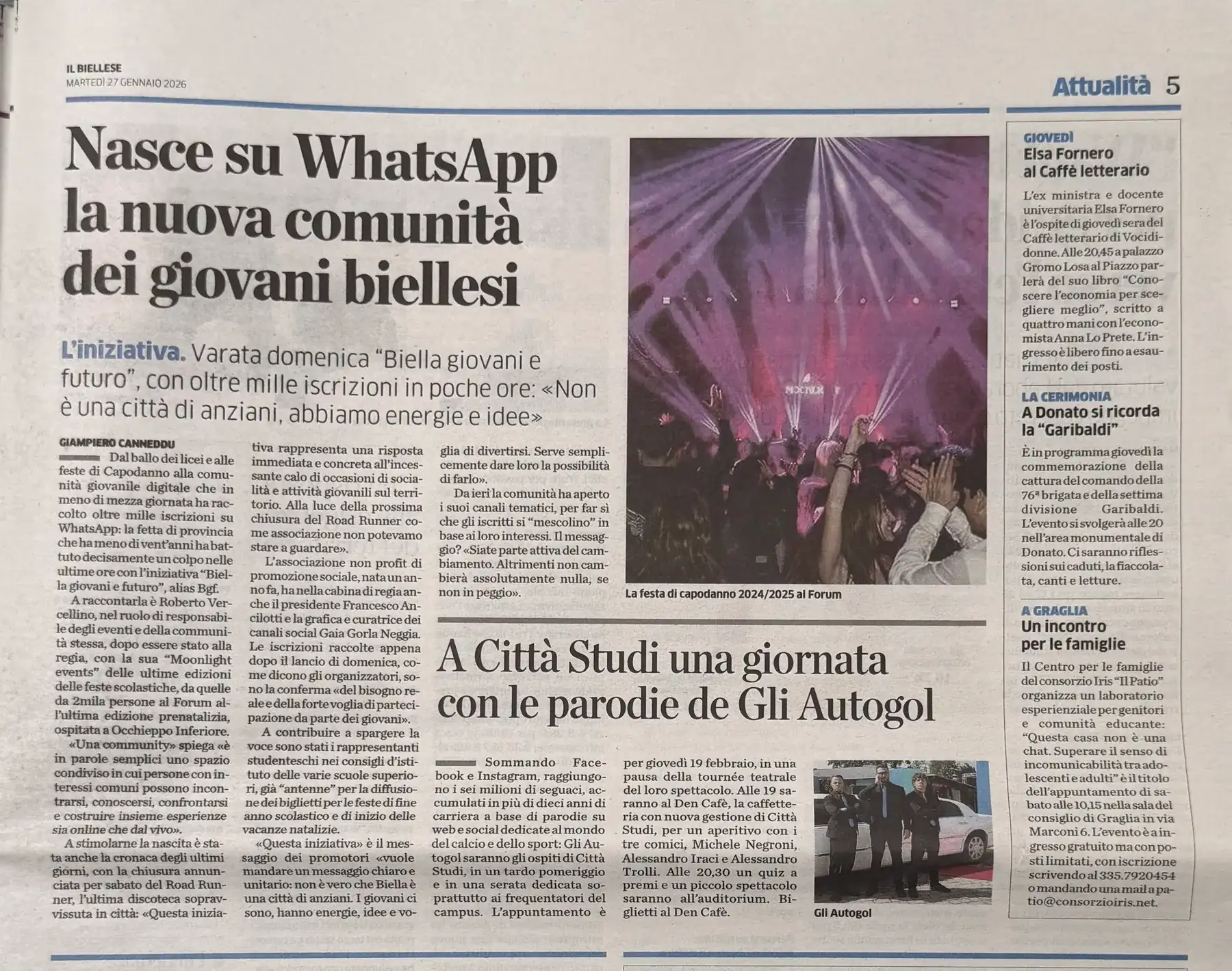 Articolo di giornale sulla community dei giovani biellesi nata su WhatsApp